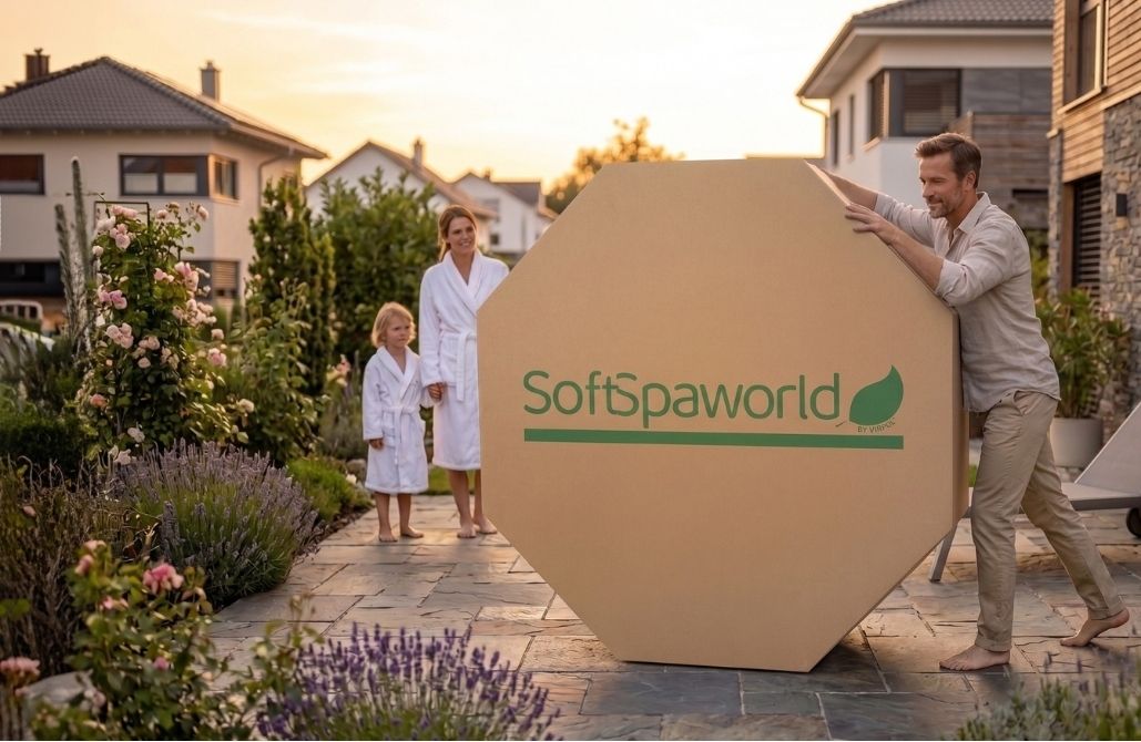 Famiglia che riceve la SoftSpa® imballata davanti a casa
